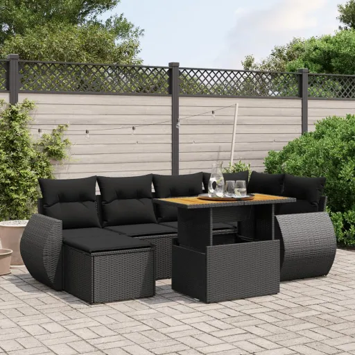 Conjunto de Sofás p/ Jardim c/ Almofadões Vime PE Preto (7 pcs)