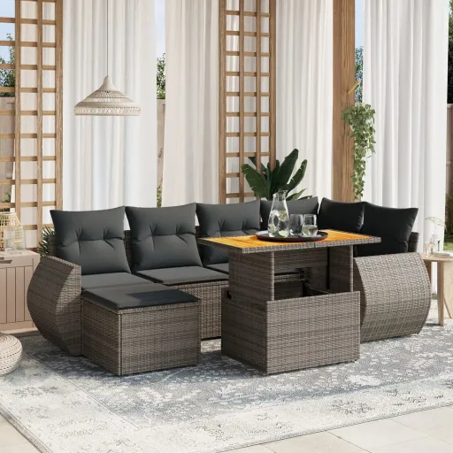 Conjunto Sofás p/ Jardim c/ Almofadões Vime PE Cinzento (7 pcs)