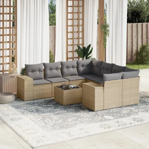 Conjunto de Sofás p/ Jardim com Almofadões Vime PE Bege (9 pcs)