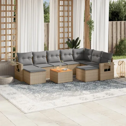 Conjunto de Sofás p/ Jardim com Almofadões Vime PE Bege (10 pcs)