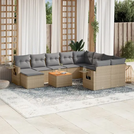 Conjunto Sofás de Jardim c/ Almofadões Vime PE Bege (11 pcs)