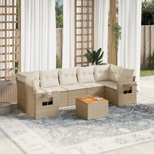 Conjunto de Sofás p/ Jardim com Almofadões Vime PE Bege (8 pcs)