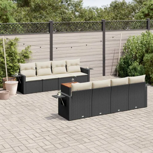 Conjunto de Sofás p/ Jardim c/ Almofadões Vime PE Preto (9 pcs)