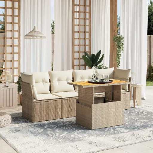 Conjunto de Sofás p/ Jardim com Almofadões Vime PE Bege (5 pcs)