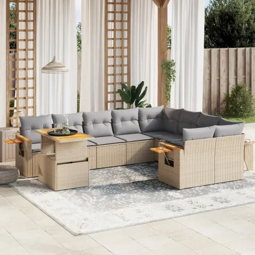 Conjunto de Sofás p/ Jardim com Almofadões Vime PE Bege (10 pcs)