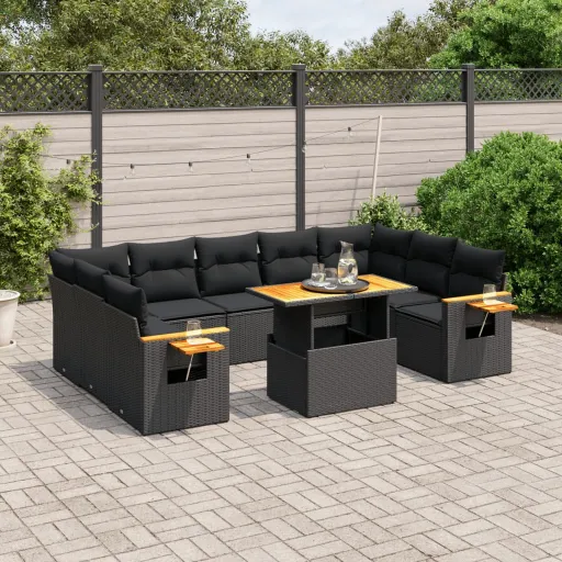 Conjunto Sofás de Jardim c/ Almofadões Vime PE Preto (10 pcs)