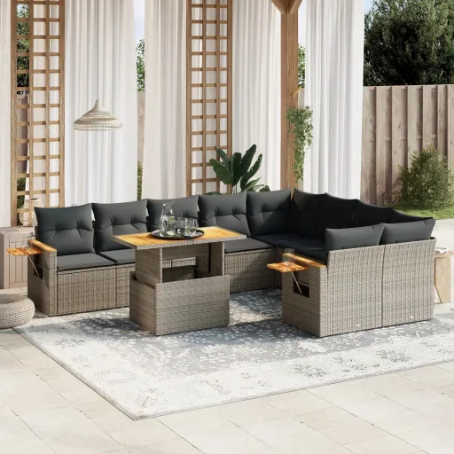 Conjunto Sofás de Jardim c/ Almofadões Vime PE Cinzento (10 pcs)
