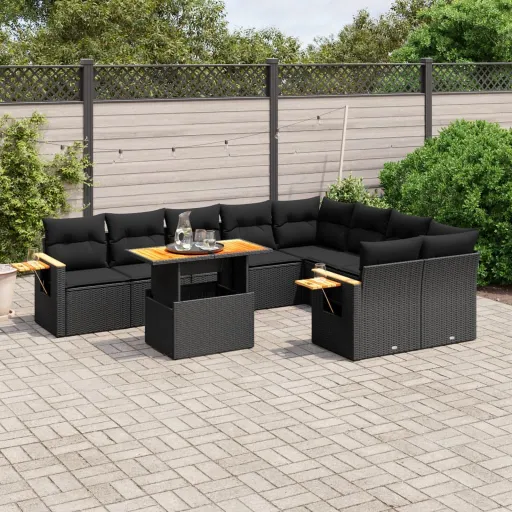 Conjunto Sofás de Jardim c/ Almofadões Vime PE Preto (10 pcs)