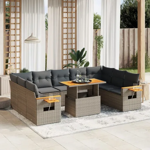 Conjunto Sofás de Jardim c/ Almofadões Vime PE Cinzento (11 pcs)
