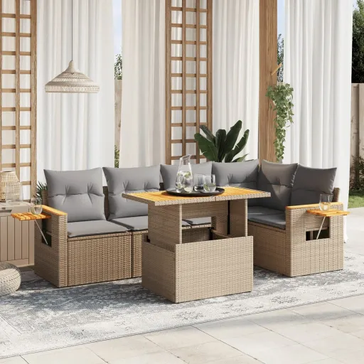 Conjunto de Sofás p/ Jardim com Almofadões Vime PE Bege (6 pcs)