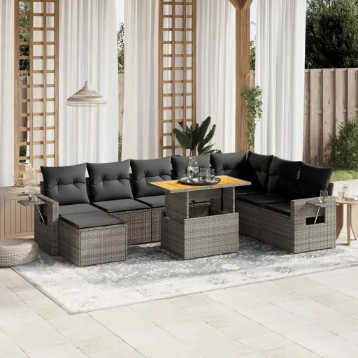 Conjunto Sofás p/ Jardim com Almofadões Vime PE Cinzento (9 pcs)