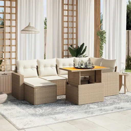 Conjunto Sofás de Jardim c/ Almofadões Vime PE Bege (11 pcs)