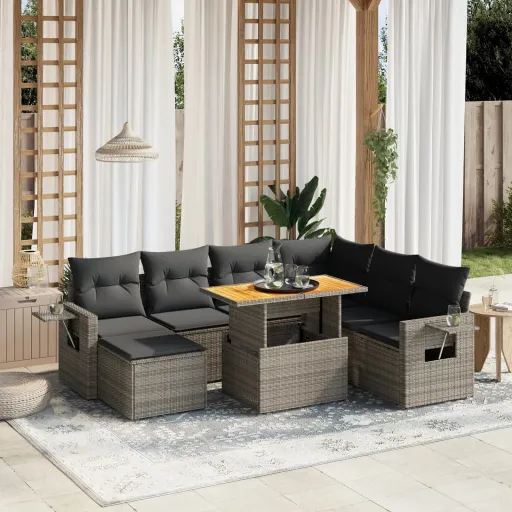 Conjunto Sofás de Jardim c/ Almofadões Vime PE Cinzento (8 pcs)