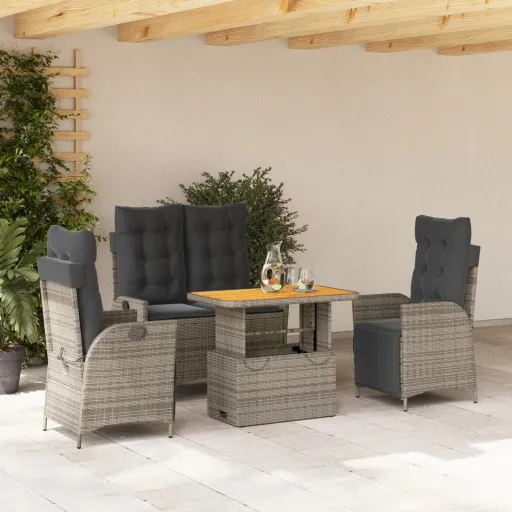 Conjunto de Jantar p/ Jardim c/ Almofadões Vime PE Cinza (4 pcs)