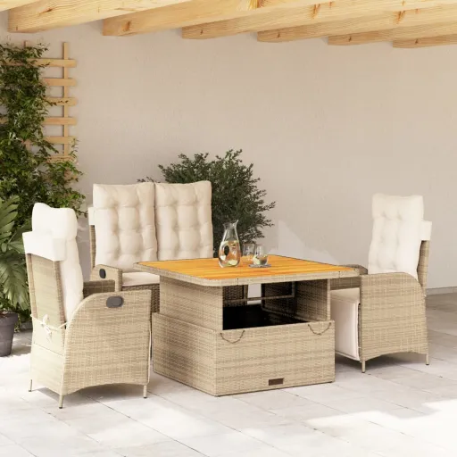 Conjunto de Jantar p/ Jardim c/ Almofadões Vime PE Bege (4 pcs)