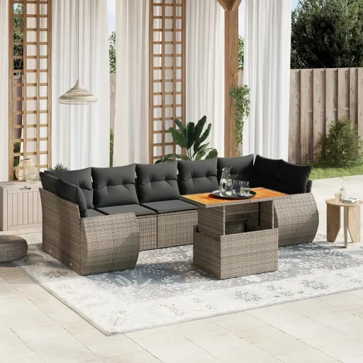 Conjunto Sofás de Jardim c/ Almofadões Vime PE Cinzento (8 pcs)