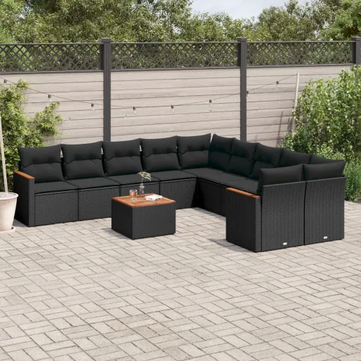 Conjunto Sofás de Jardim c/ Almofadões Vime PE Preto (11 pcs)