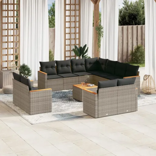 Conjunto de Sofás Jardim c/ Almofadões Vime PE Cinzento (12 pcs)