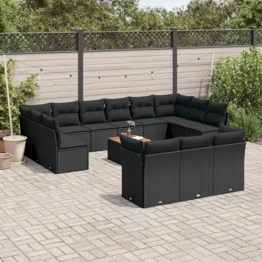 Conjunto de Sofás p/ Jardim c/ Almofadões Vime PE Preto (14 pcs)