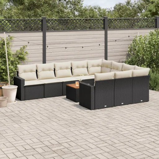 Conjunto Sofás de Jardim c/ Almofadões Vime PE Preto (11 pcs)