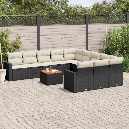 Conjunto de Sofás de Jardim c/ Almofadões Vime PE Preto (12 pcs)