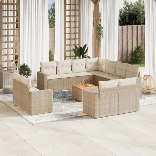 Conjunto de Sofás p/ Jardim com Almofadões Vime PE Bege (12 pcs)