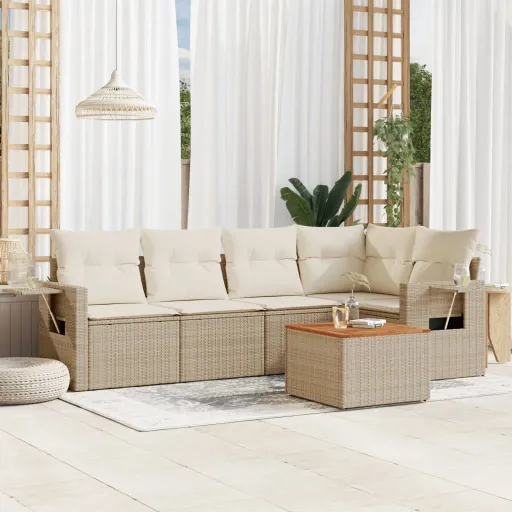 Conjunto de Sofás p/ Jardim com Almofadões Vime PE Bege (6 pcs)
