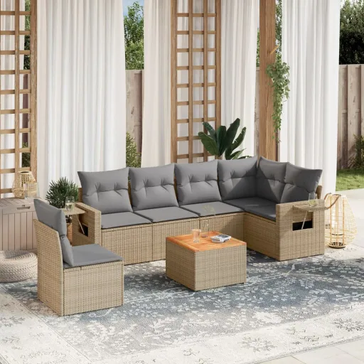 Conj. Sofás Jardim c/ Almofadões Vime PE Bege Misturado (7 pcs)