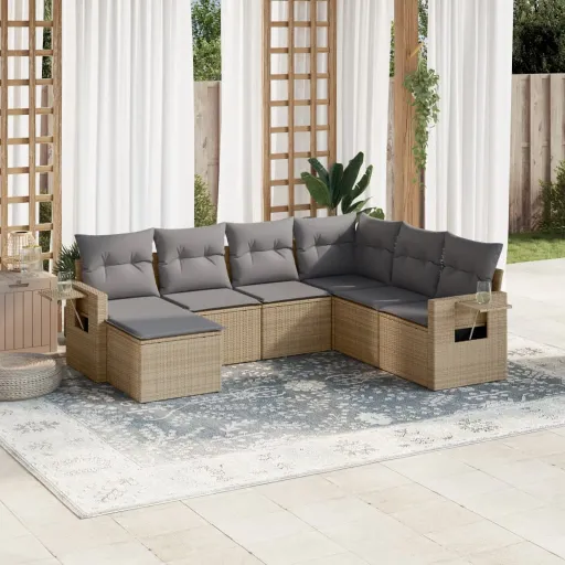 Conjunto de Sofás p/ Jardim com Almofadões Vime PE Bege (7 pcs)