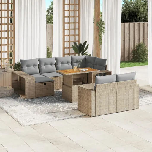 Conjunto Sofás de Jardim c/ Almofadões Vime PE Bege (11 pcs)