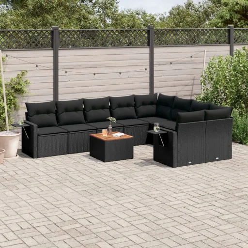 Conjunto Sofás de Jardim c/ Almofadões Vime PE Preto (10 pcs)