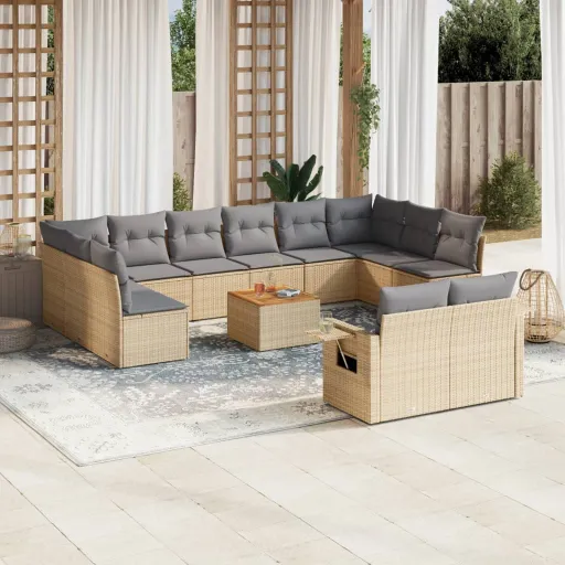 Conj. Sofás Jardim c/ Almofadões Vime PE Bege Misturado (13 pcs)
