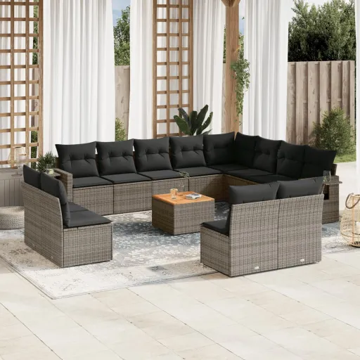 Conjunto Sofás p/ Jardim c/ Almofadões Vime PE Cinzento (13 pcs)