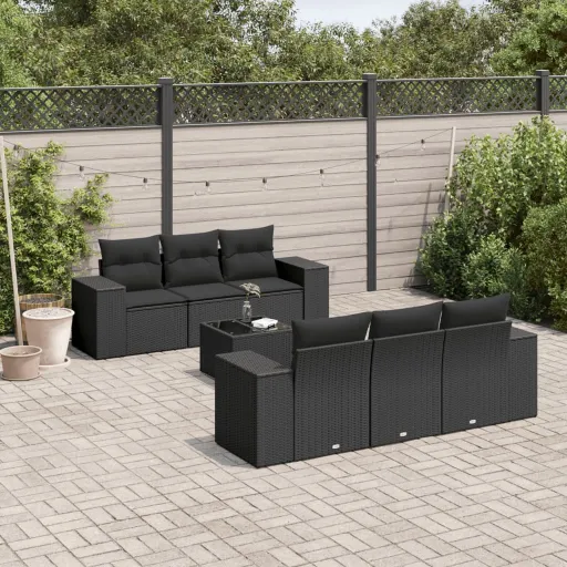 Conjunto de Sofás p/ Jardim c/ Almofadões Vime PE Preto (7 pcs)