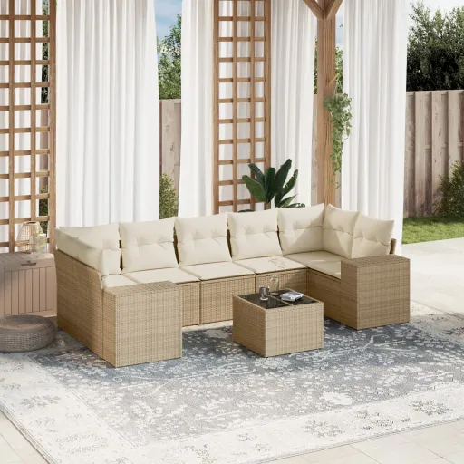 Conjunto de Sofás p/ Jardim com Almofadões Vime PE Bege (8 pcs)