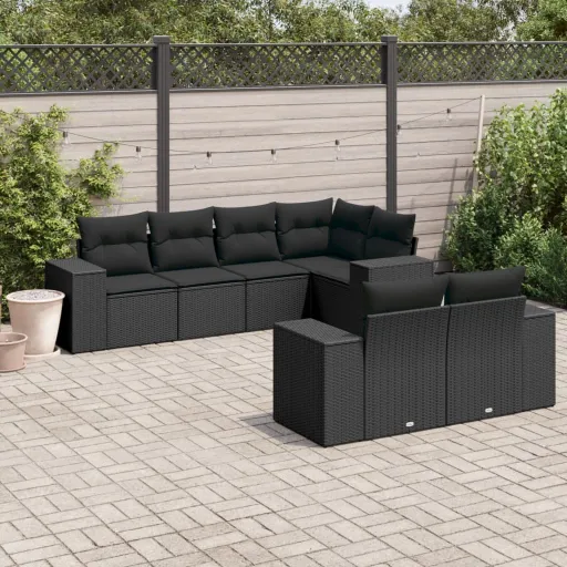 Conjunto de Sofás p/ Jardim c/ Almofadões Vime PE Preto (7 pcs)
