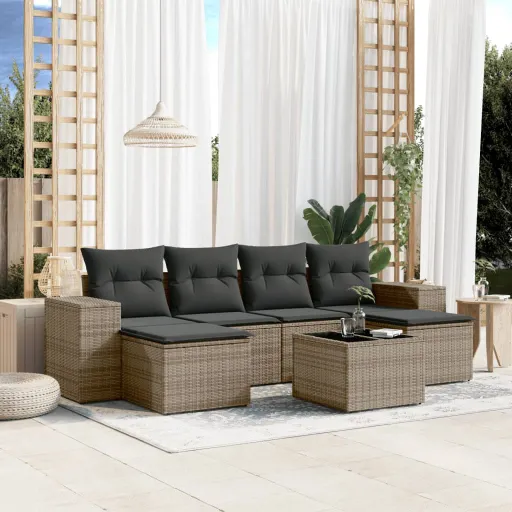 Conjunto Sofás p/ Jardim c/ Almofadões Vime PE Cinzento (7 pcs)