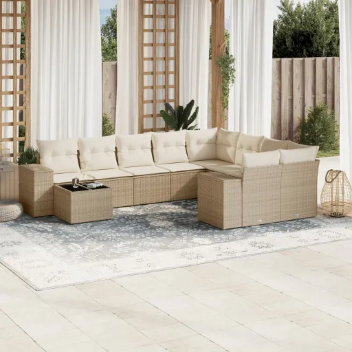 Conjunto de Sofás p/ Jardim com Almofadões Vime PE Bege (10 pcs)