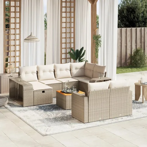 Conjunto Sofás de Jardim c/ Almofadões Vime PE Bege (11 pcs)