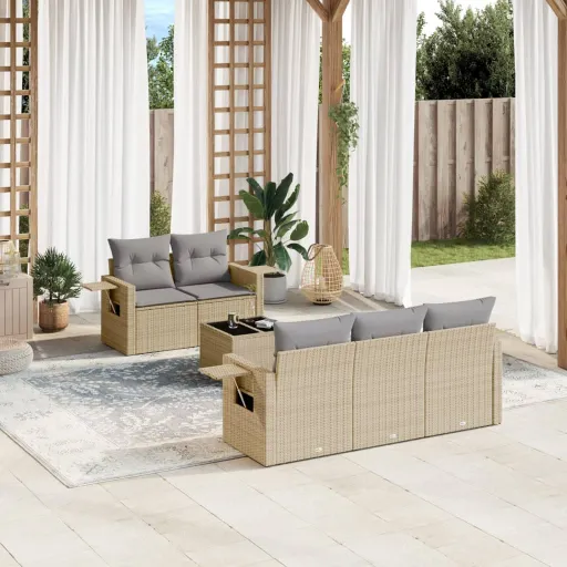 Conjunto de Sofás p/ Jardim com Almofadões Vime PE Bege (6 pcs)