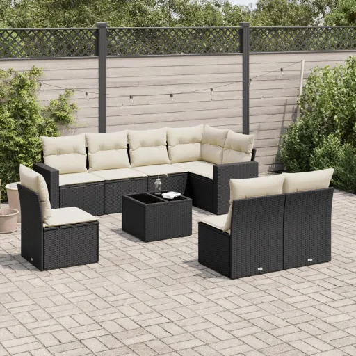 Conjunto de Sofás p/ Jardim c/ Almofadões Vime PE Preto (9 pcs)