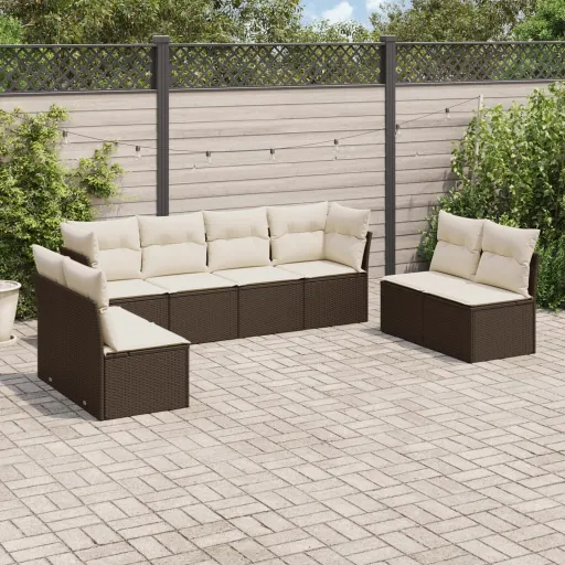 Conjunto Sofás de Jardim c/ Almofadões Vime PE Castanho (8 pcs)