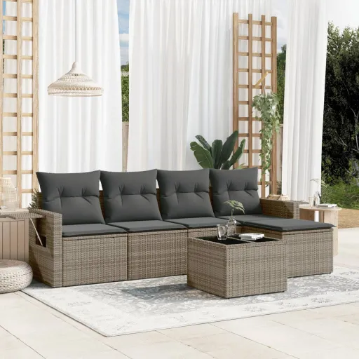 Conjunto Sofás de Jardim com Almofadões Vime Cinzento (6 pcs)