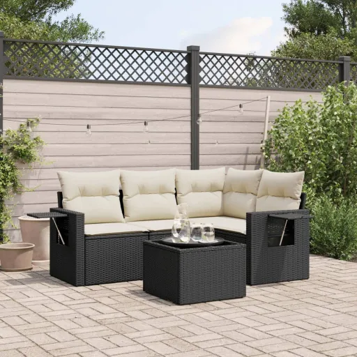 Conjunto Sofás de Jardim com Almofadões Vime PE Preto (5 pcs)