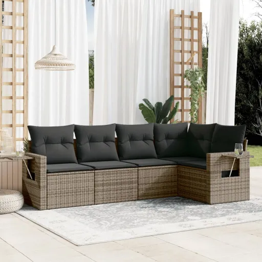 Conjunto Sofás de Jardim c/ Almofadões Vime PE Cinzento (5 pcs)
