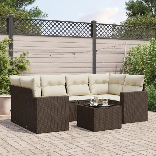 Conjunto de Sofás Jardim c/ Almofadões Vime PE Castanho (7 pcs)