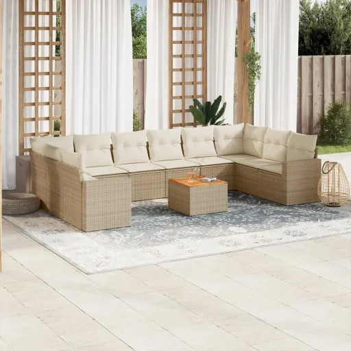 Conjunto Sofás de Jardim c/ Almofadões Vime PE Bege (11 pcs)