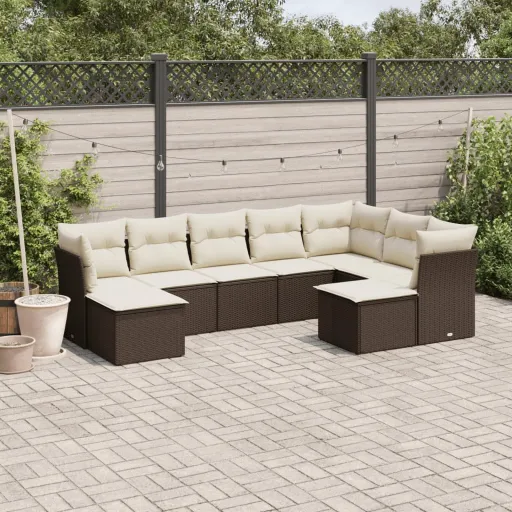 Conjunto Sofás p/ Jardim c/ Almofadões Vime PE Castanho (9 pcs)