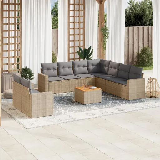 Conjunto de Sofás p/ Jardim com Almofadões Vime PE Bege (10 pcs)