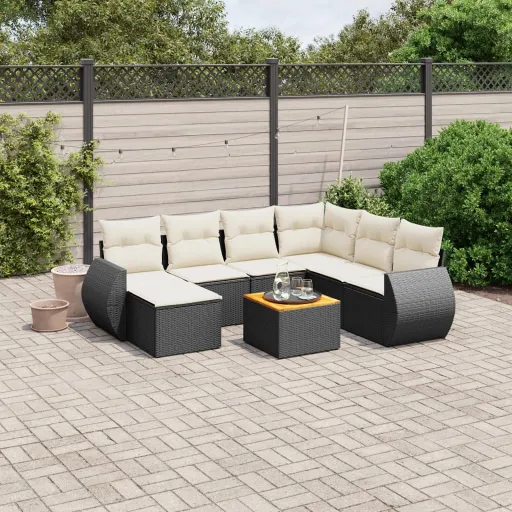 Conjunto Sofás de Jardim com Almofadões Vime PE Preto (8 pcs)